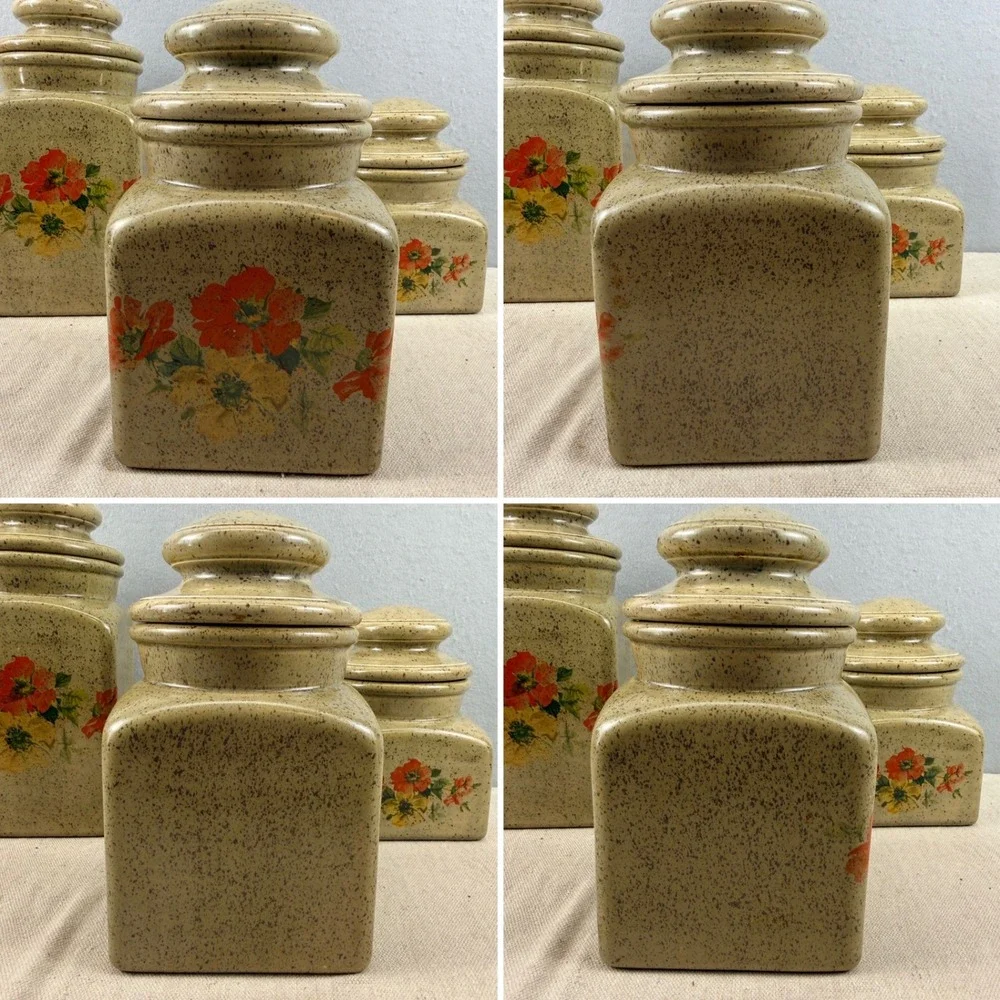 Vintage Clara's Ceramics Floral‎ Canister Set 3 Speckled Stoneware Retro Kitchen